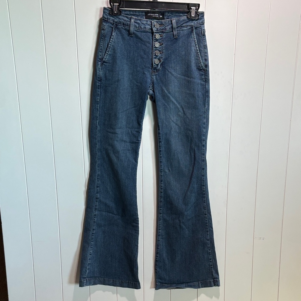 Just Black flare leg denim jeans super stretchy button front side slit pocket 26